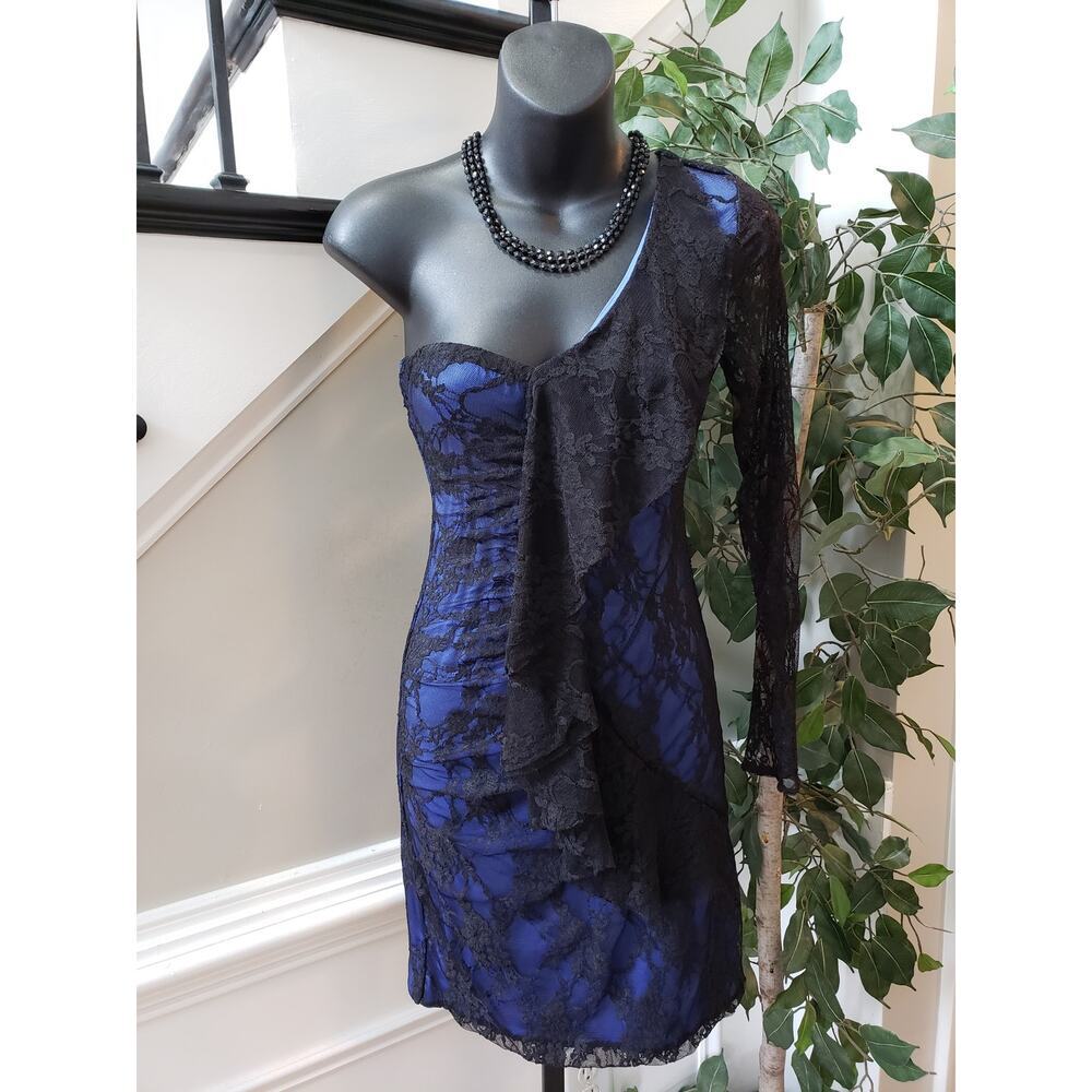 T Bags Los Angeles Cocktail Dress Women Small Black Blue Nylon One Shoulder Off